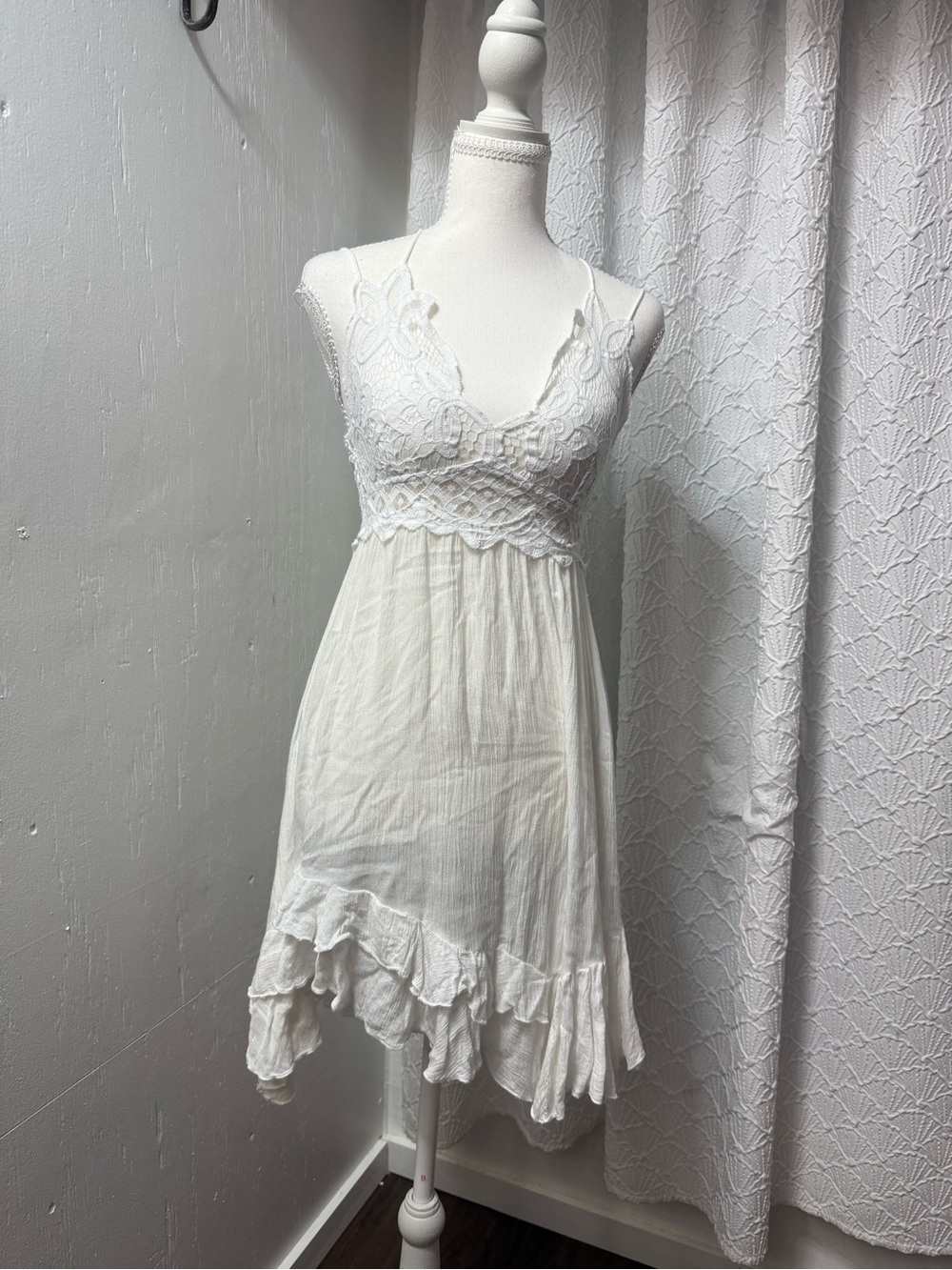 Free People White Lace-Trim Spaghetti Strap Mini Dress